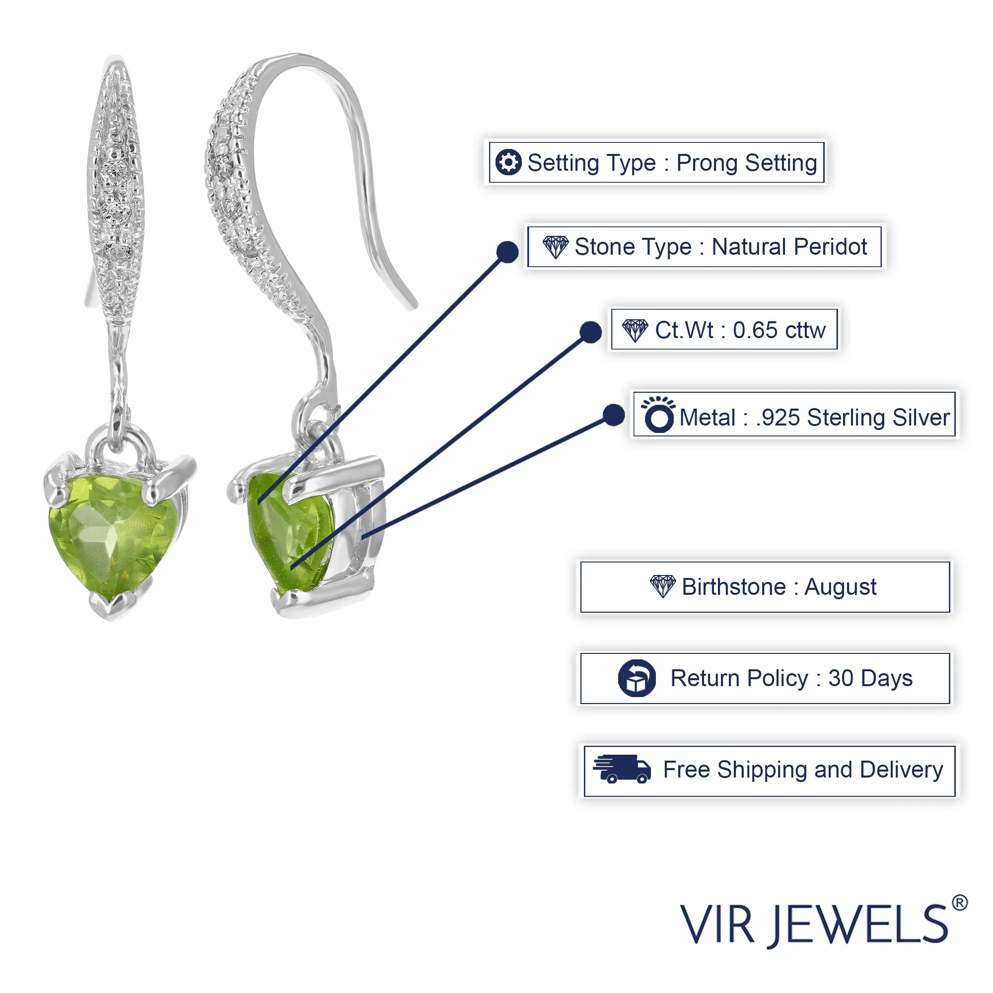 0.65 cttw Peridot Dangle Earrings .925 Sterling Silver With Rhodium 5 MM Heart