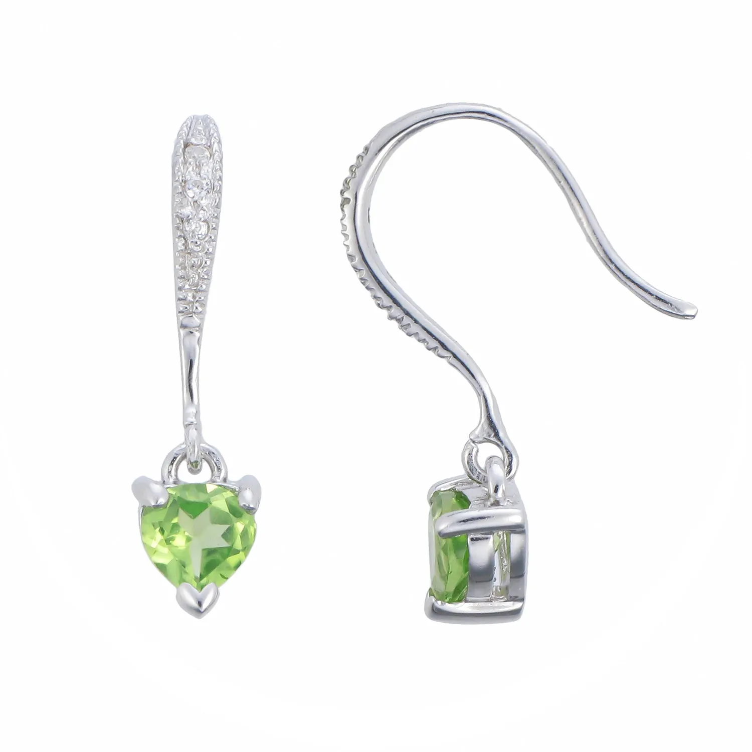 0.65 cttw Peridot Dangle Earrings .925 Sterling Silver With Rhodium 5 MM Heart