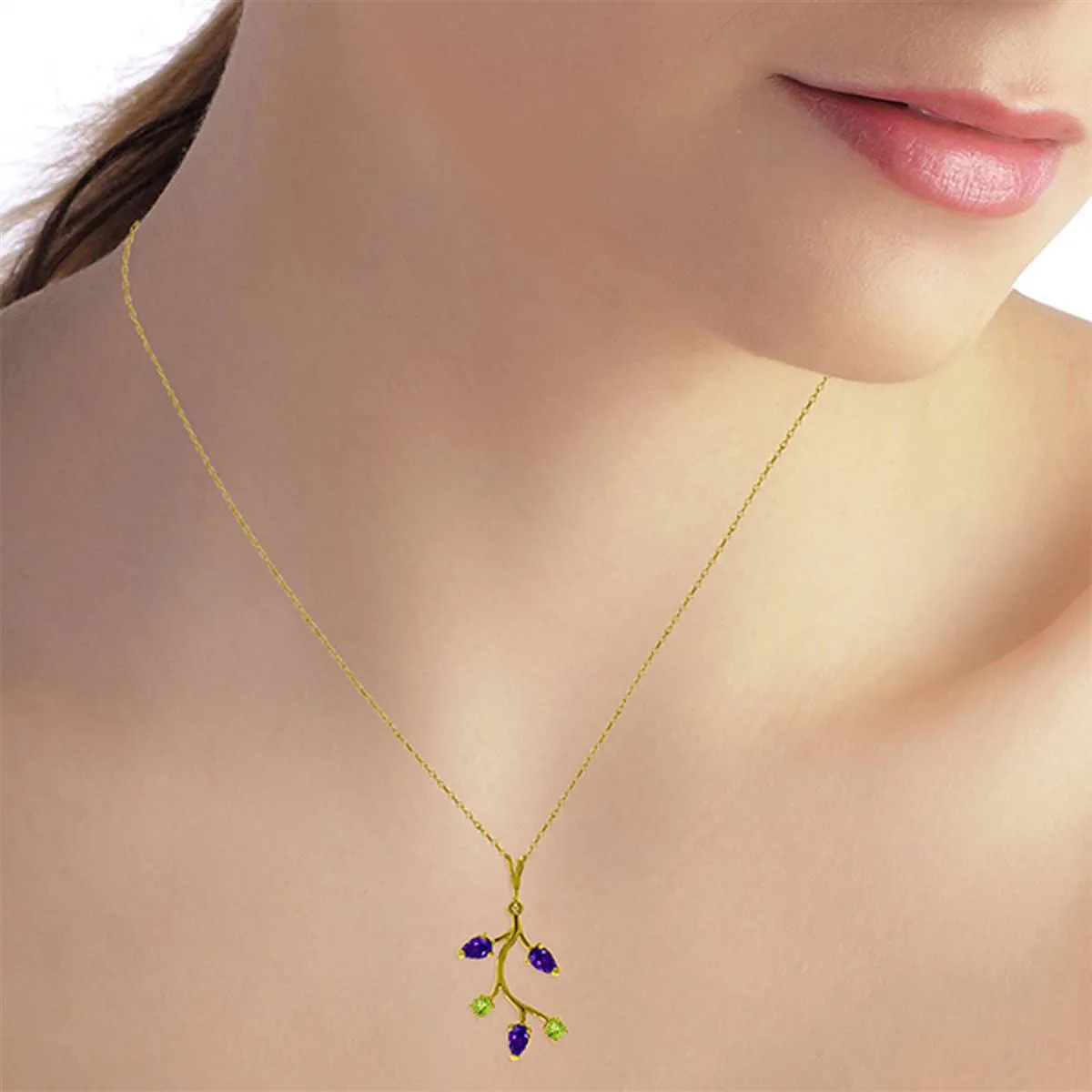 0.95 Carat 14K Solid Yellow Gold Leaves Fusion Amethyst Peridot Necklace