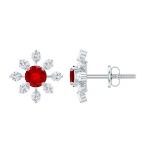 1 CT Created Ruby and Diamond Flower Stud Earrings