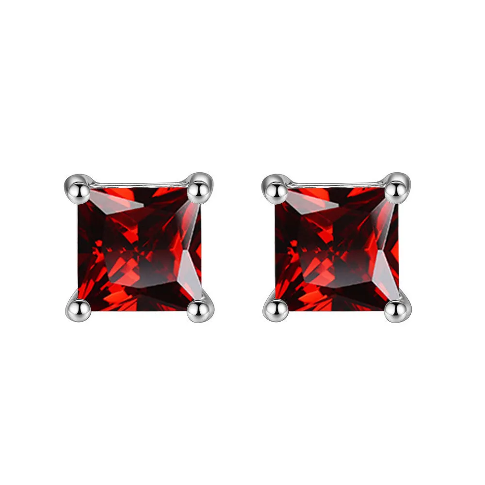 10k White Gold Plated 1 Ct Square Created Ruby Stud Earrings