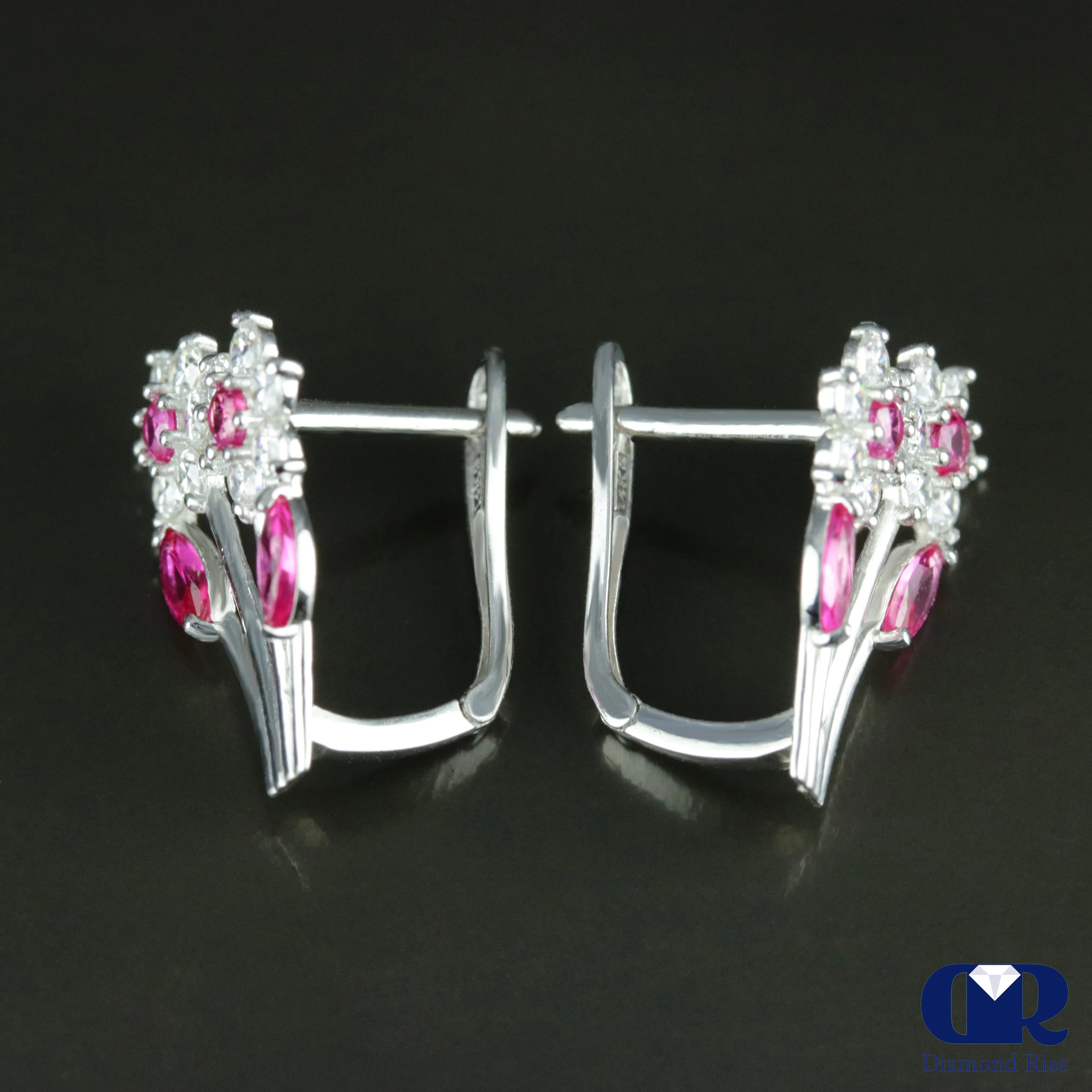 1.18 Carat Diamond & Ruby floral Style Earrings With Lever back 14K Gold