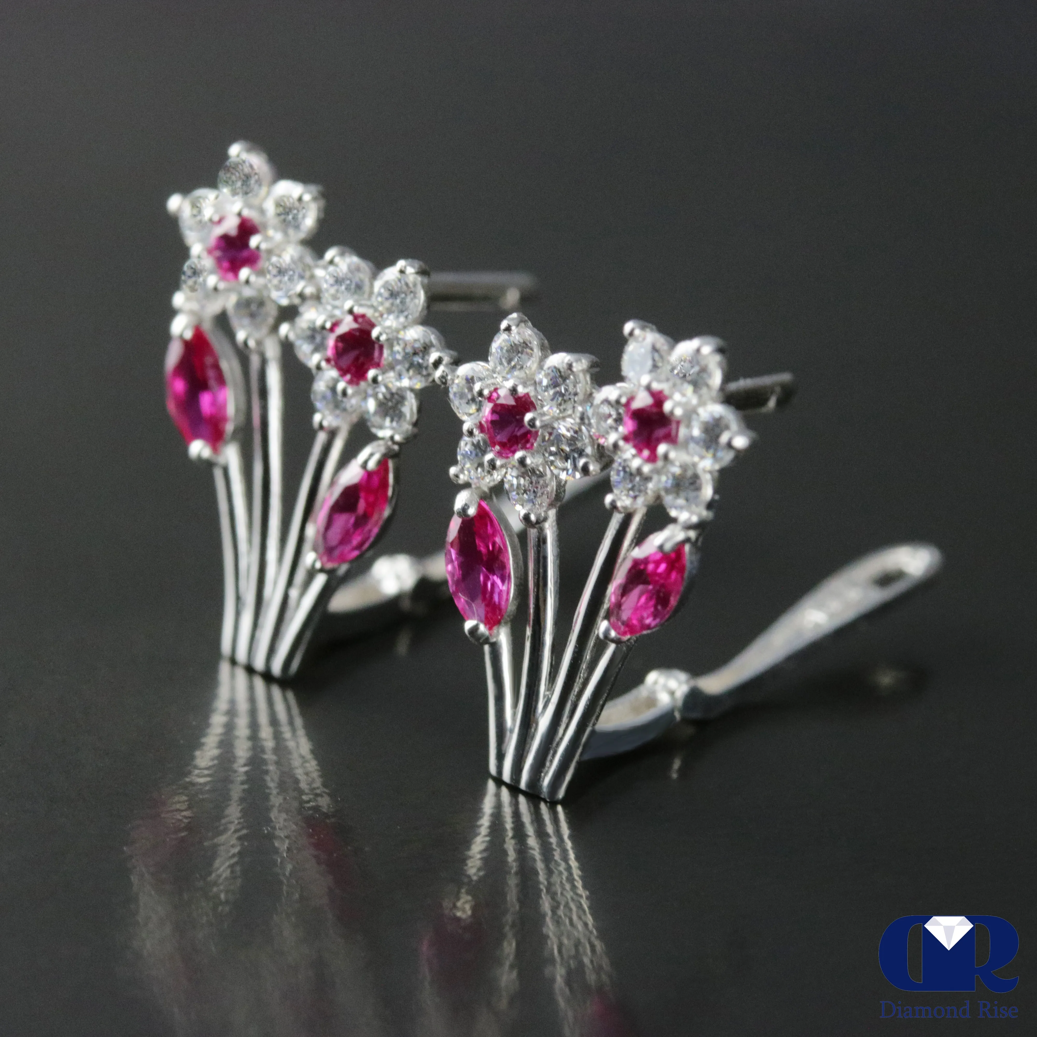 1.18 Carat Diamond & Ruby floral Style Earrings With Lever back 14K Gold