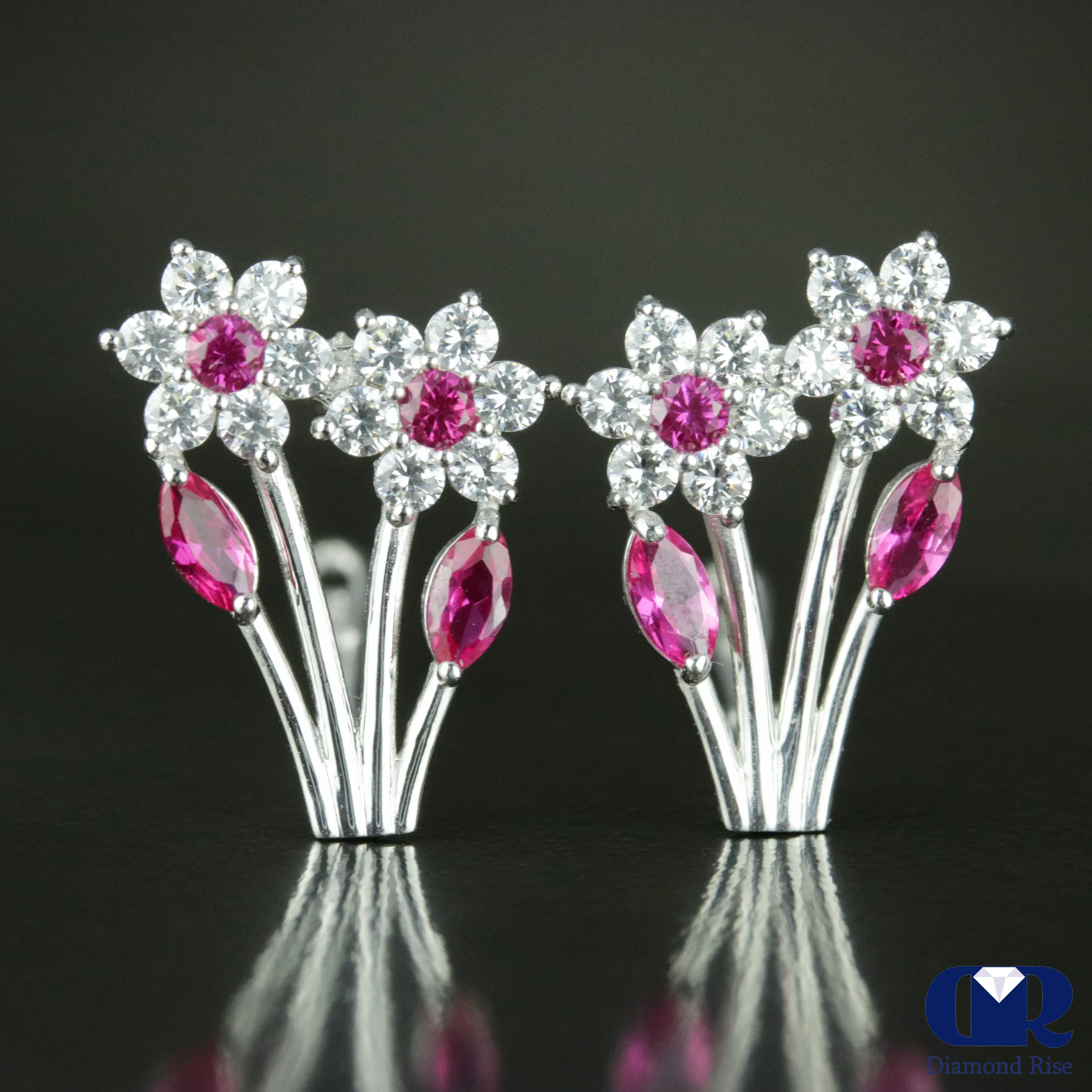 1.18 Carat Diamond & Ruby floral Style Earrings With Lever back 14K Gold