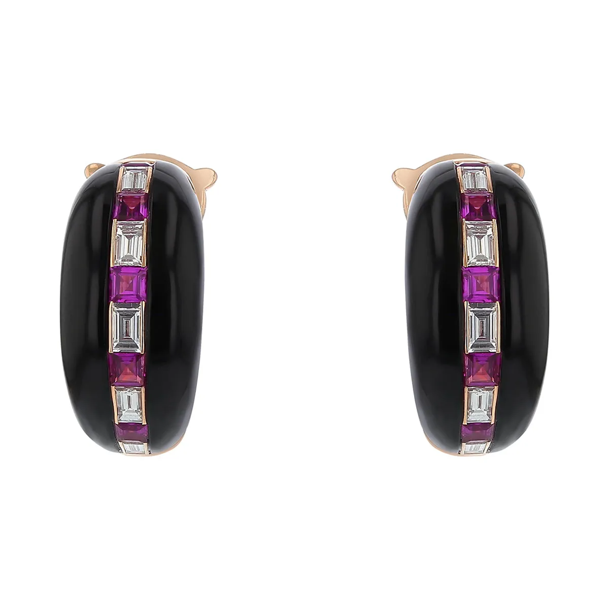 1.24Ct Ruby and 0.90Ct Diamond Black Onyx Huggie Earrings in 18k Rose Gold