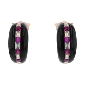 1.24Ct Ruby and 0.90Ct Diamond Black Onyx Huggie Earrings in 18k Rose Gold