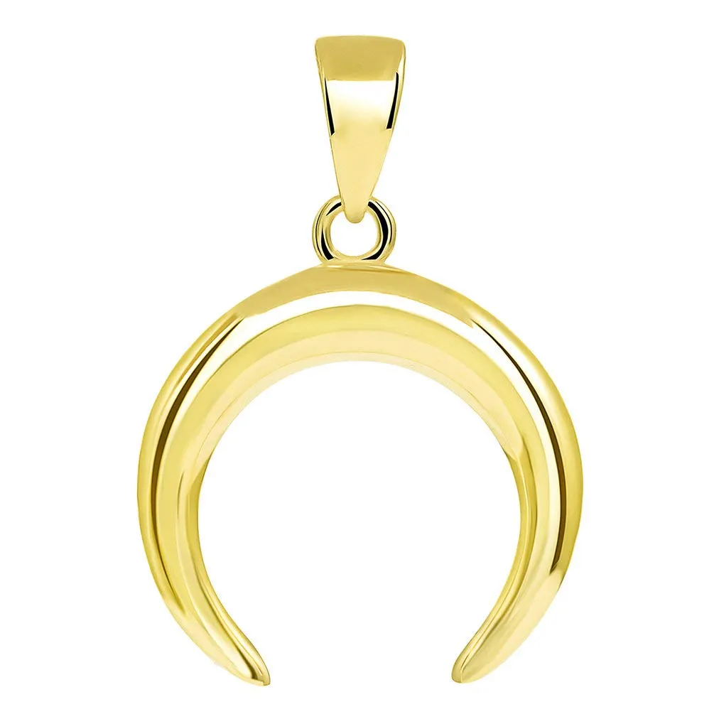 14k Gold Double Horn High Polished Crescent Moon Pendant with Figaro Chain Necklace - Yellow Gold