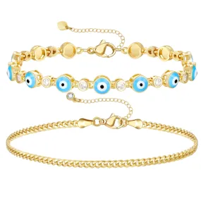 14k Gold Plated Dainty Layered Evil Eye Bracelets- Light Blue Eyes & Cuban