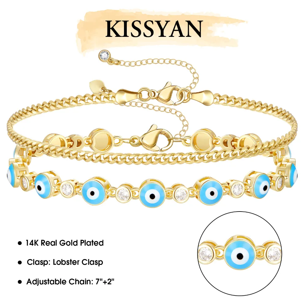 14k Gold Plated Dainty Layered Evil Eye Bracelets- Light Blue Eyes & Cuban