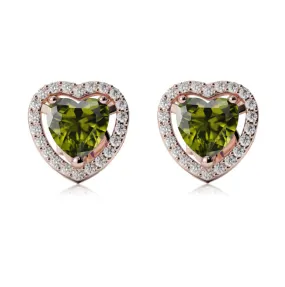 14k Rose Gold Plated 2 Ct Created Halo Heart Peridot Stud Earrings