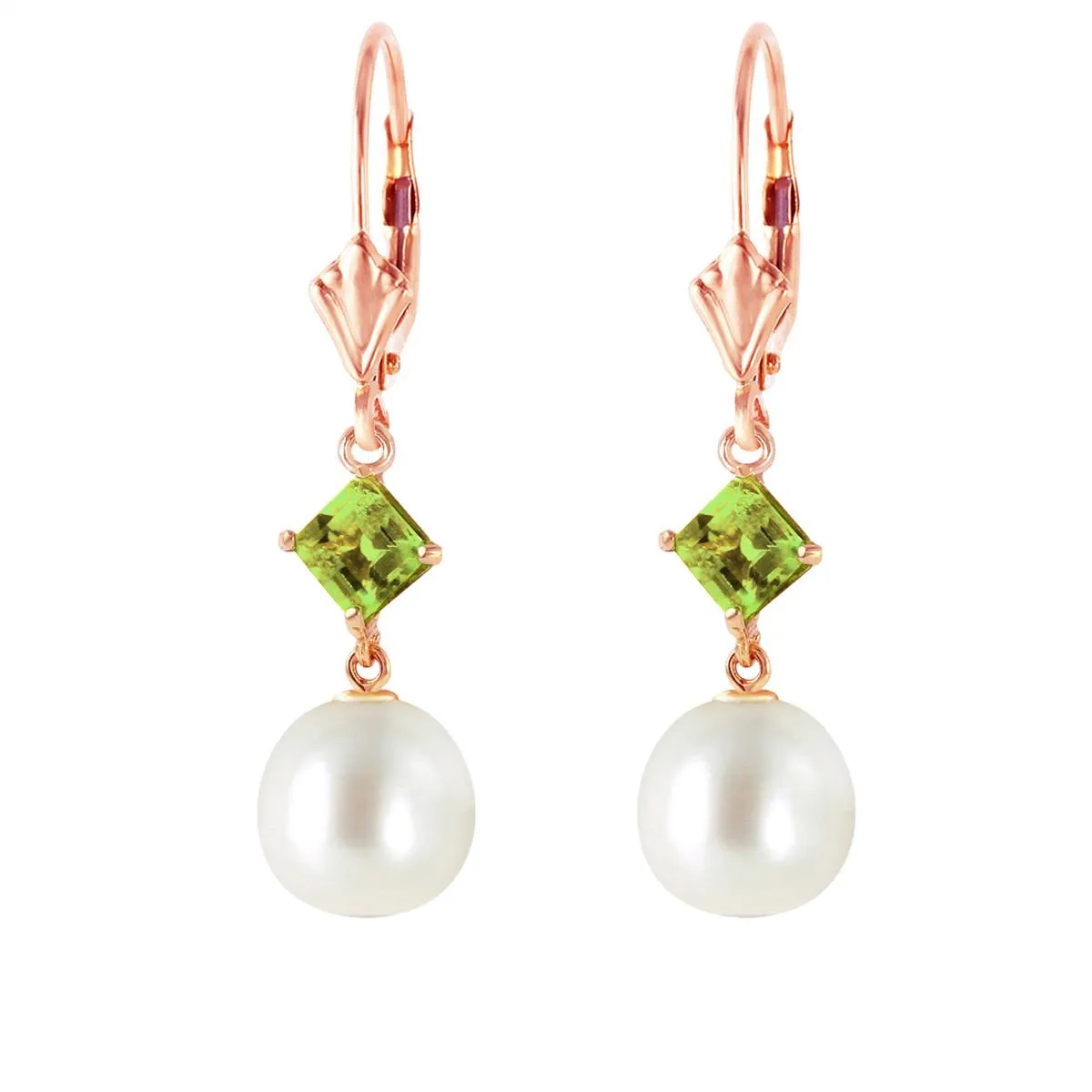 14K Solid Rose Gold Leverback Earrings Peridot & Pearl Jewelry