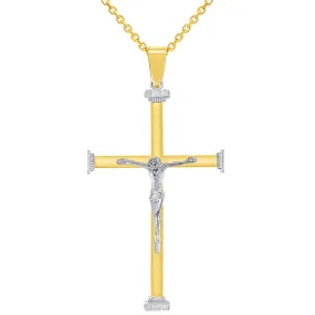 14k Solid Two-Tone Gold 3D Catholic Christian Crucifix Cross Pendant Necklace