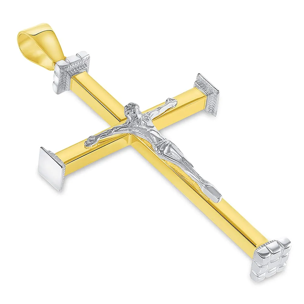 14k Solid Two-Tone Gold 3D Catholic Christian Crucifix Cross Pendant Necklace