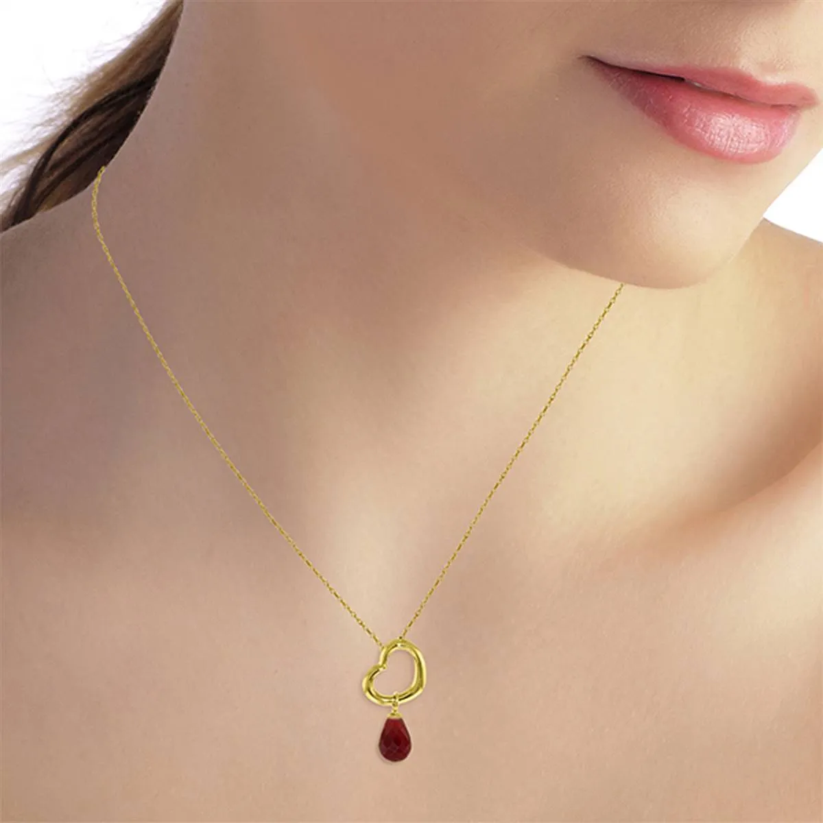 14K Solid Yellow Gold Heart Necklace w/ Dangling Natural Ruby