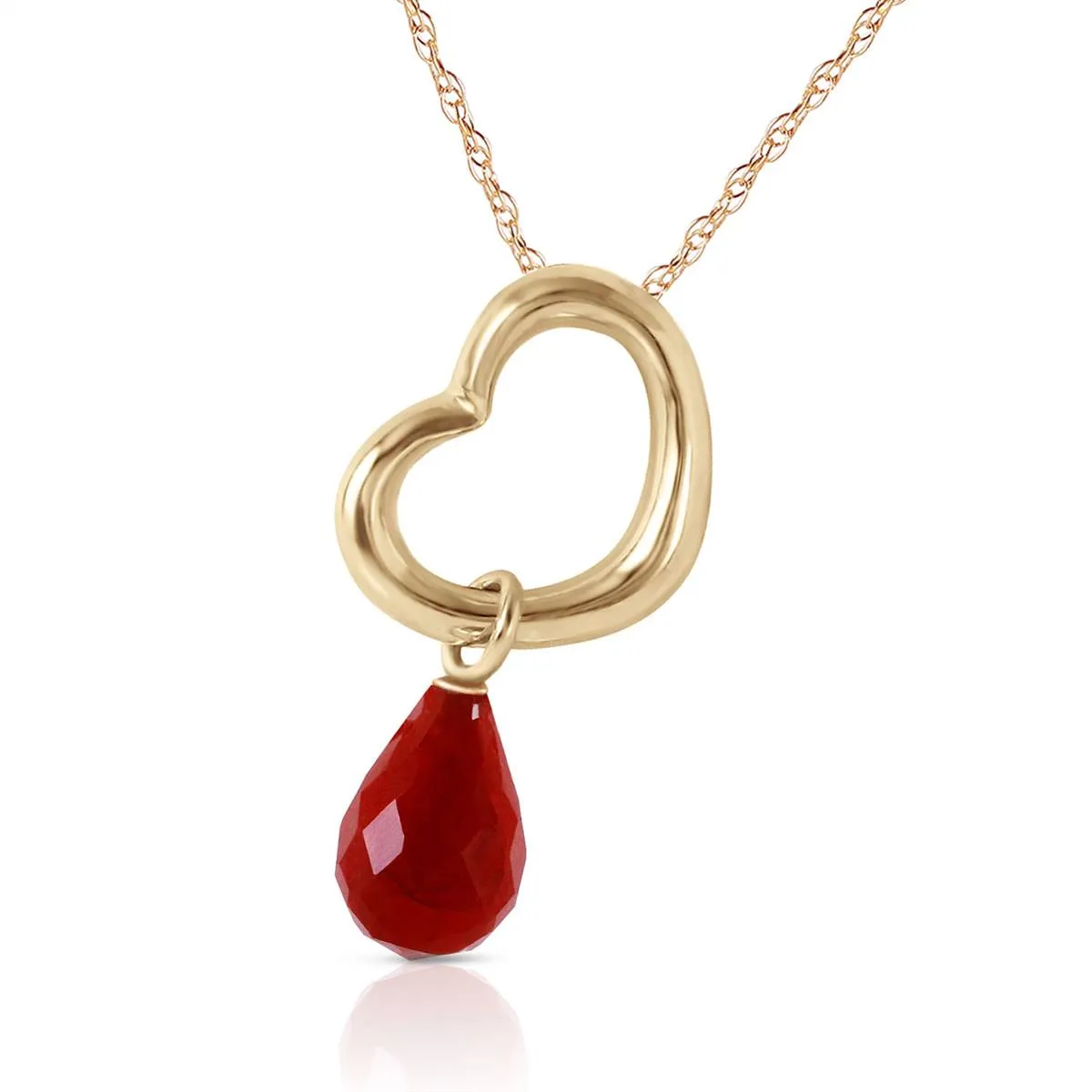 14K Solid Yellow Gold Heart Necklace w/ Dangling Natural Ruby