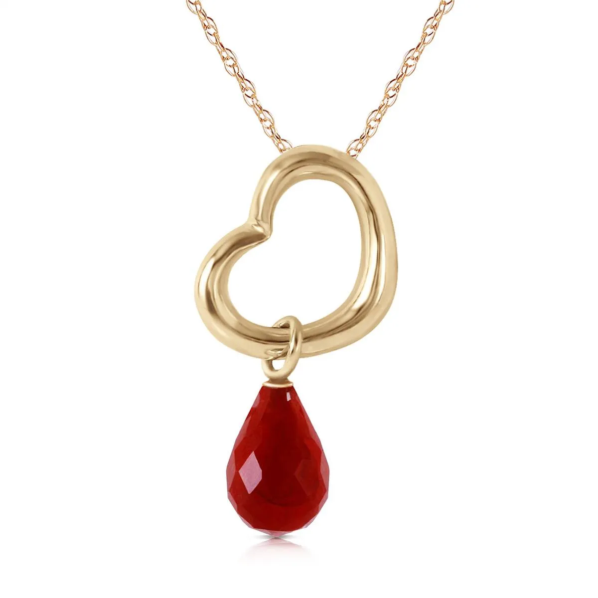 14K Solid Yellow Gold Heart Necklace w/ Dangling Natural Ruby