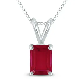 14K White Gold 6X4Mm Emerald Shaped Ruby Pendant