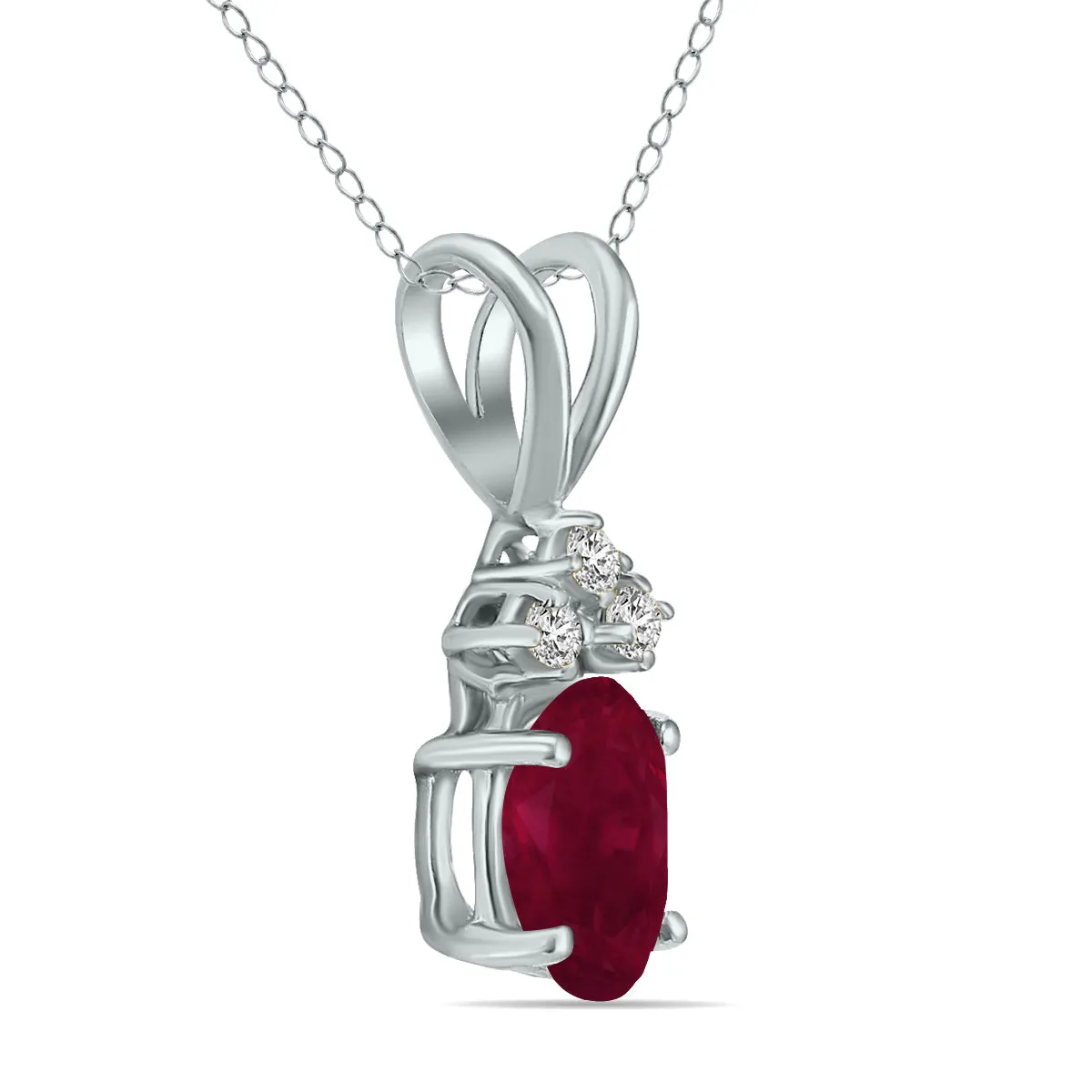 14K White Gold 6X4Mm Genuine Oval Ruby And Three Stone Diamond Pendant