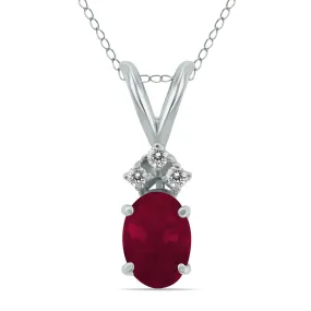 14K White Gold 6X4Mm Genuine Oval Ruby And Three Stone Diamond Pendant