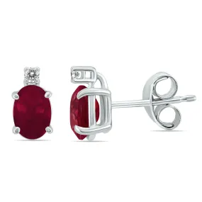 14K White Gold 6X4Mm Oval Ruby And Diamond Earrings