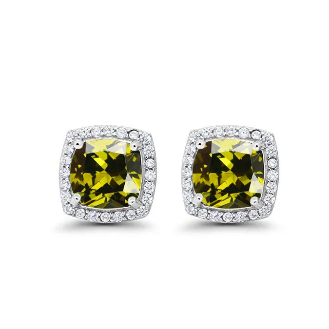 14k White Gold Plated 3 Ct Created Halo Princess Cut Peridot Stud Earrings