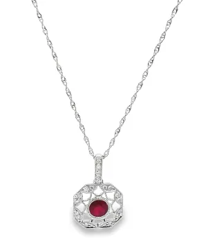 14K White Gold Ruby & Diamond Pendant Necklace