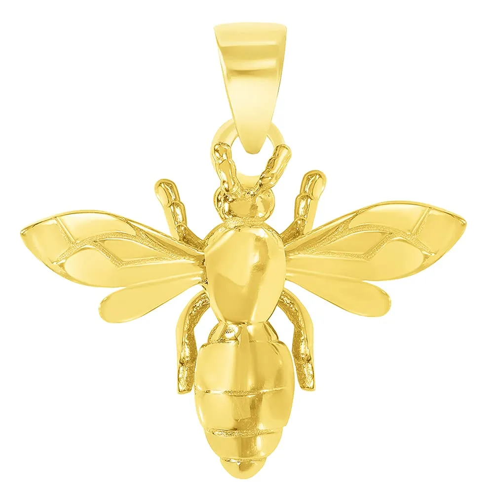 14k Yellow Gold 3D Honey Bee Charm Bumblebee Insect Pendant Necklace