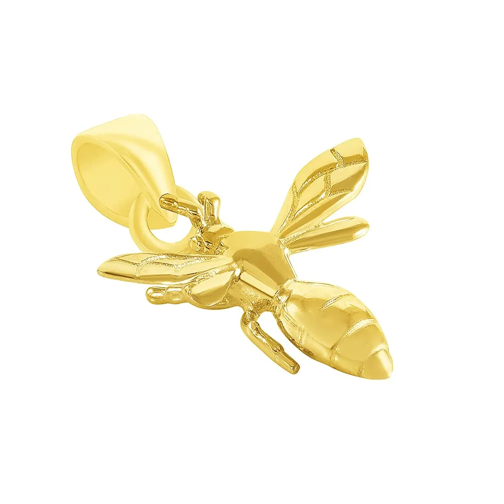 14k Yellow Gold 3D Honey Bee Charm Bumblebee Insect Pendant Necklace