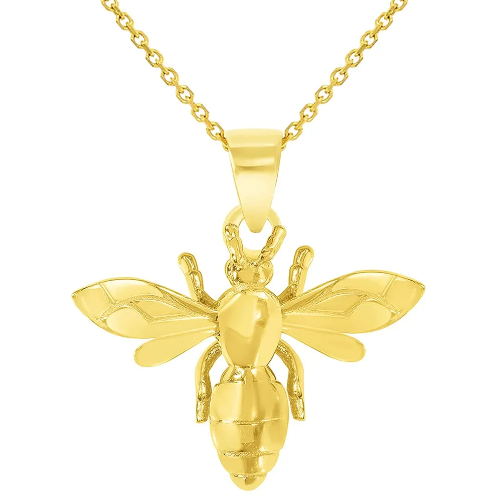 14k Yellow Gold 3D Honey Bee Charm Bumblebee Insect Pendant Necklace