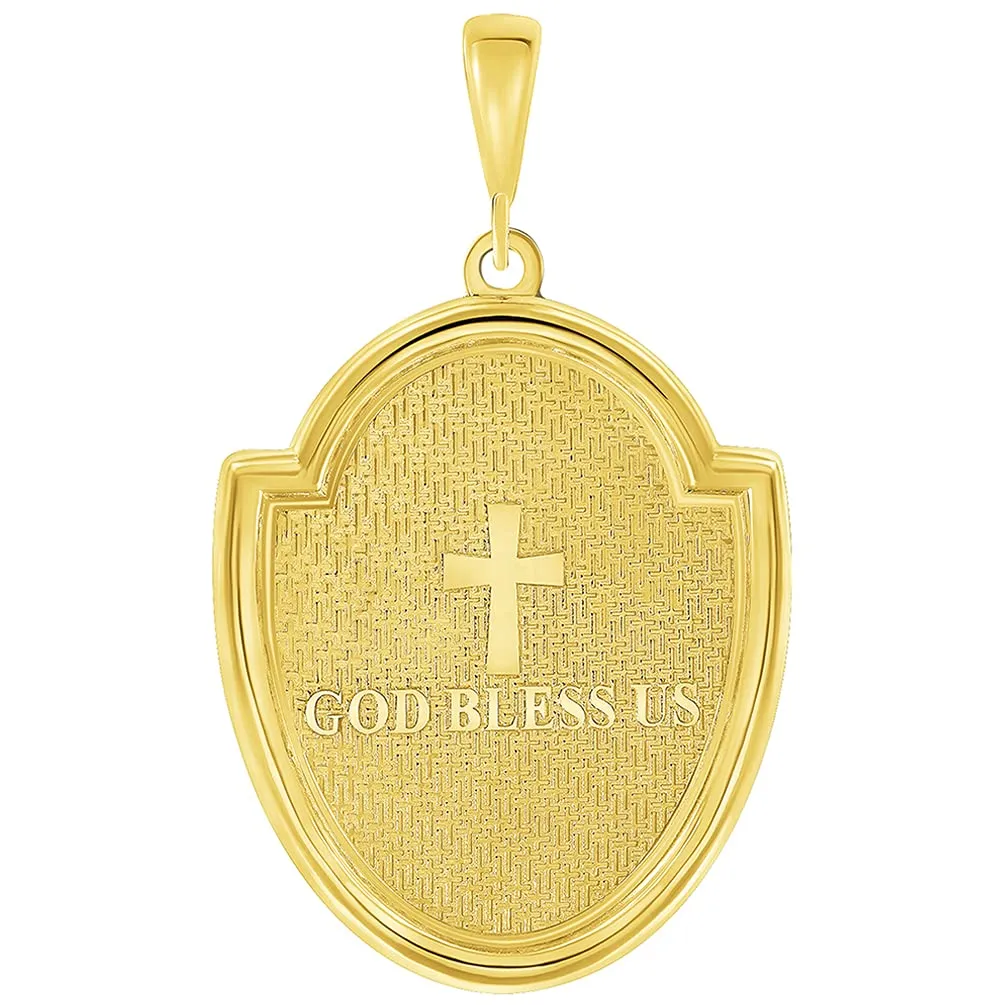 14k Yellow Gold Crown of Thorns Jesus Christ Medallion Scripted God Bless Us Pendant with Curb Chain Necklace