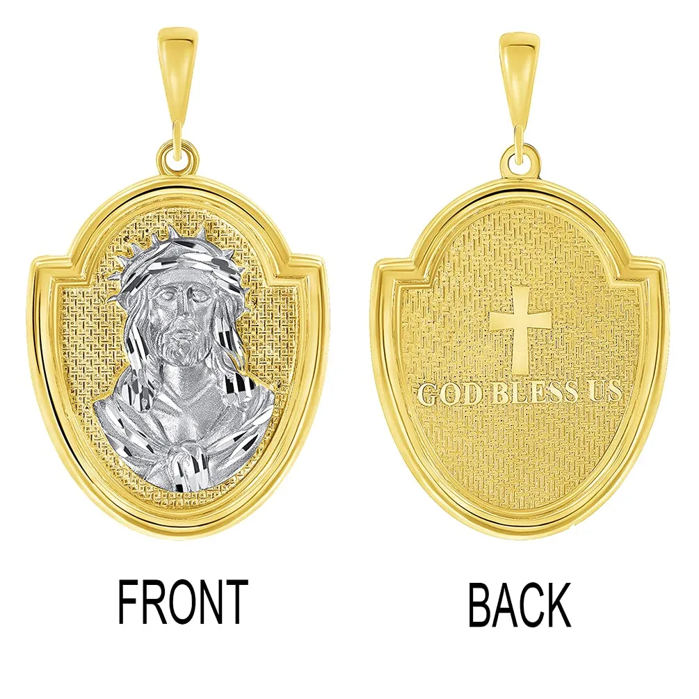 14k Yellow Gold Crown of Thorns Jesus Christ Medallion Scripted God Bless Us Pendant with Curb Chain Necklace