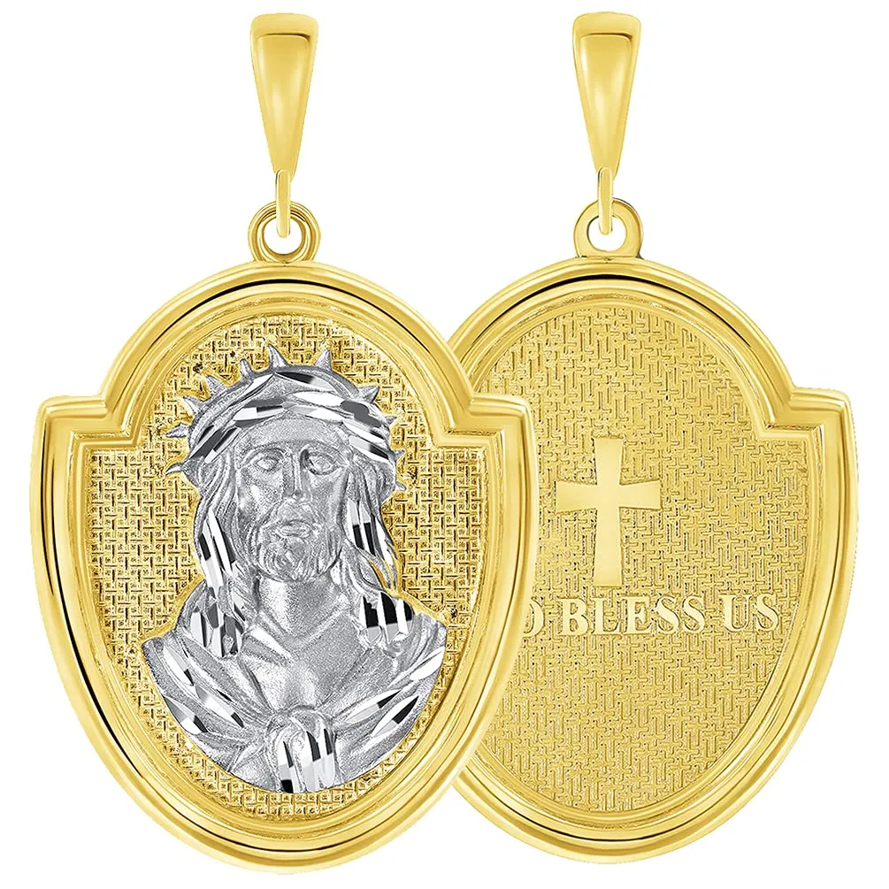 14k Yellow Gold Crown of Thorns Jesus Christ Medallion Scripted God Bless Us Pendant with Curb Chain Necklace