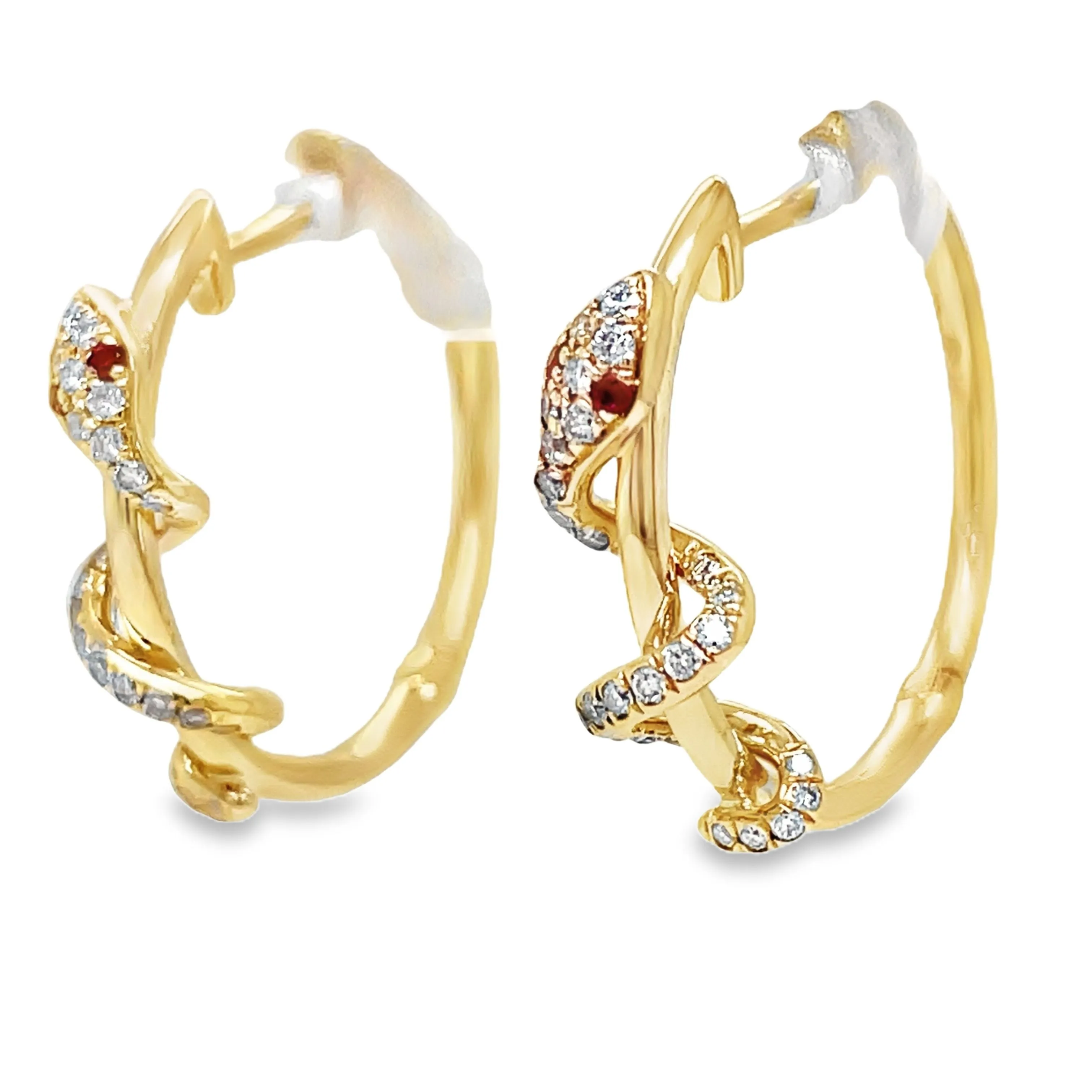 14k Yellow Gold Diamond and Ruby Snake Hoop Earrings