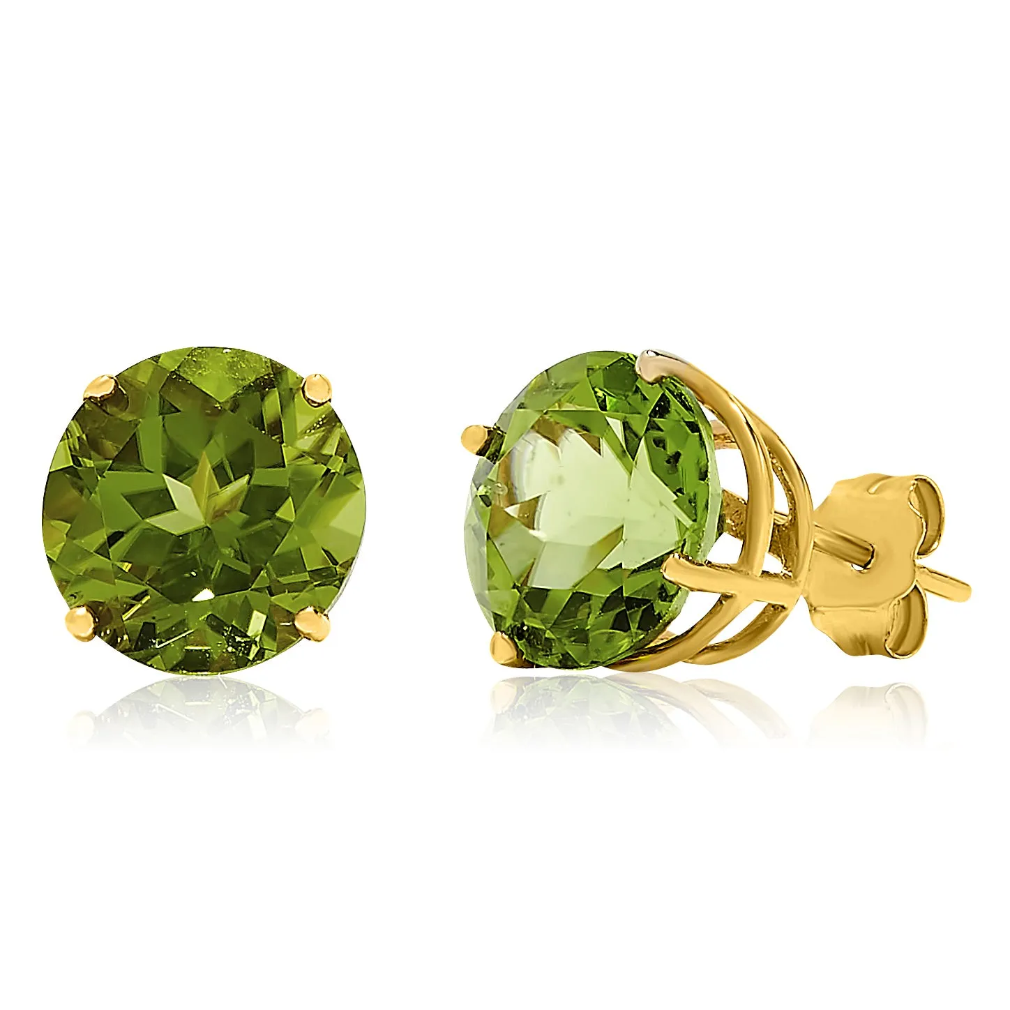 14k Yellow Gold Genuine Large Round 8mm Peridot Gemstone Stud Earrings, Birthstone of August