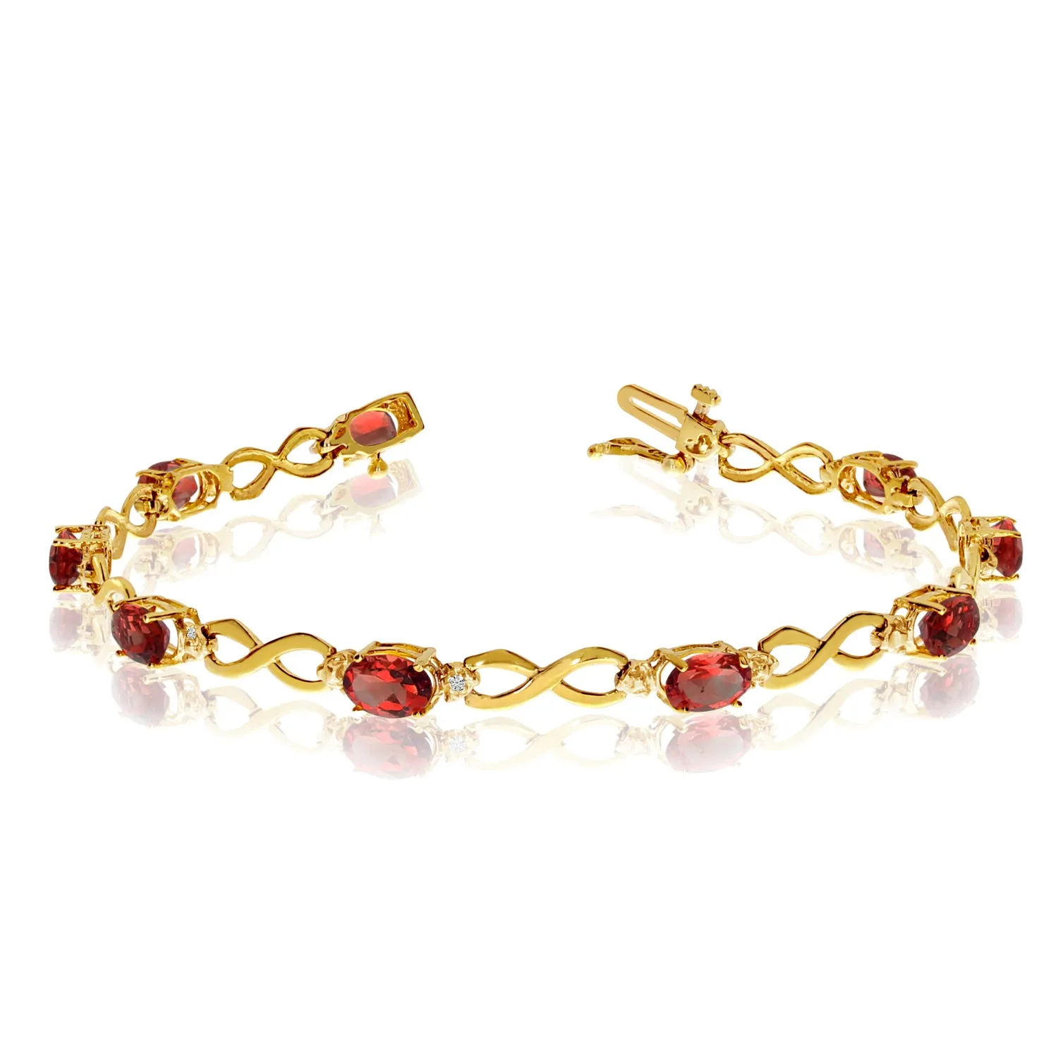 14K Yellow Gold Oval Garnet Stones And Diamonds Infinity Tennis Bracelet, 7"