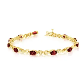 14K Yellow Gold Oval Garnet Stones And Diamonds Tennis Bracelet, 7"