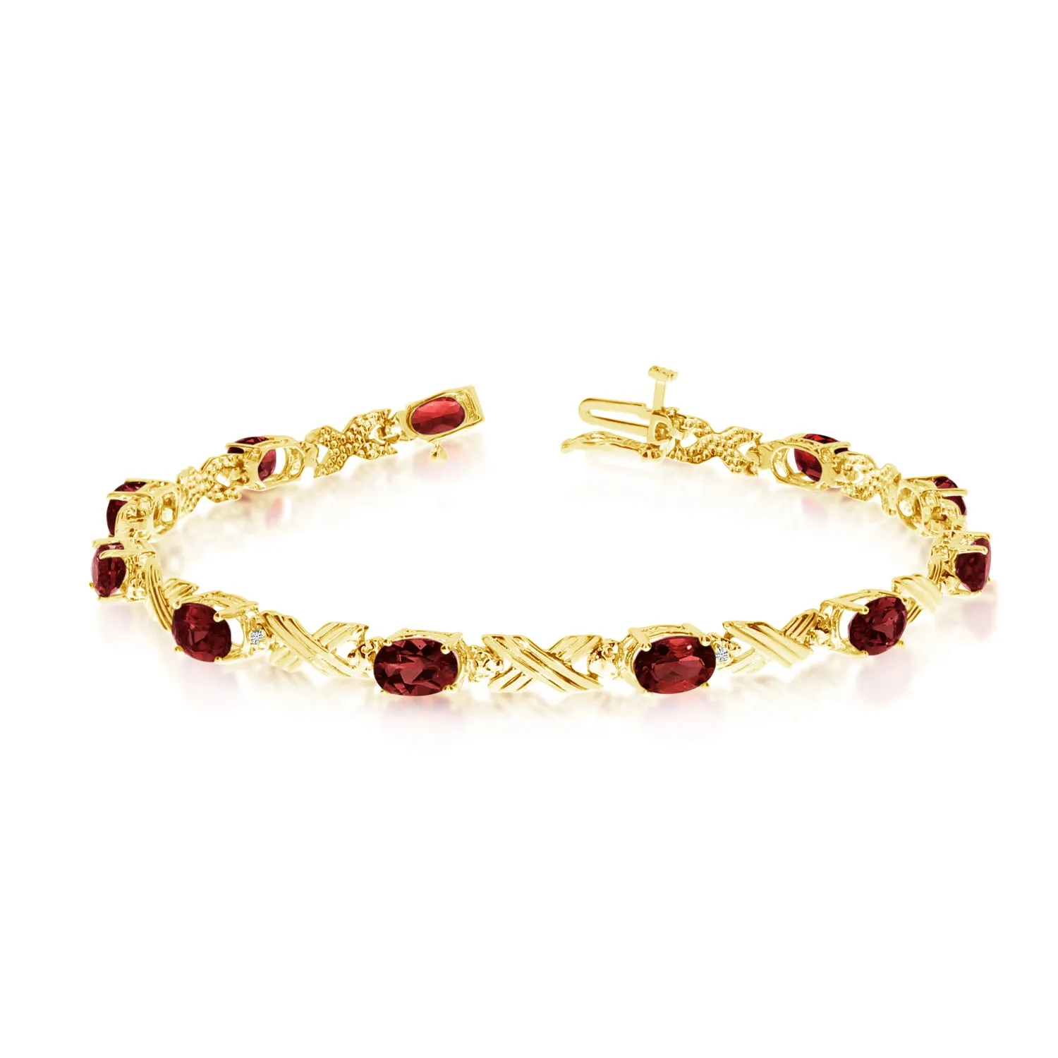 14K Yellow Gold Oval Garnet Stones And Diamonds Tennis Bracelet, 7"