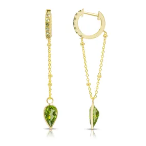 14K Yellow Gold Pendulum Drop-Shaped Peridot Gemstone Chain Huggies