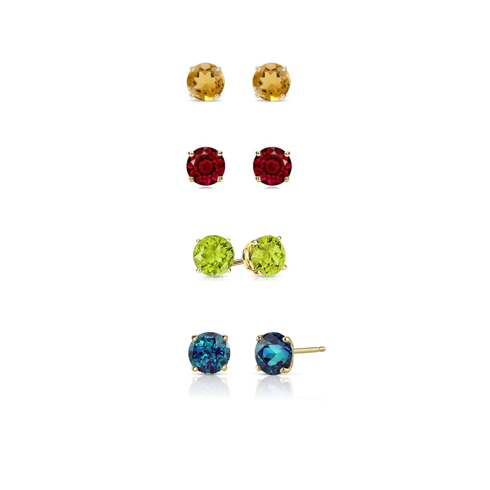 14k Yellow Gold Plated 1Ct Created Citrine, Garnet, Peridot and Alexandrite 4 Pair Round Stud Earrings