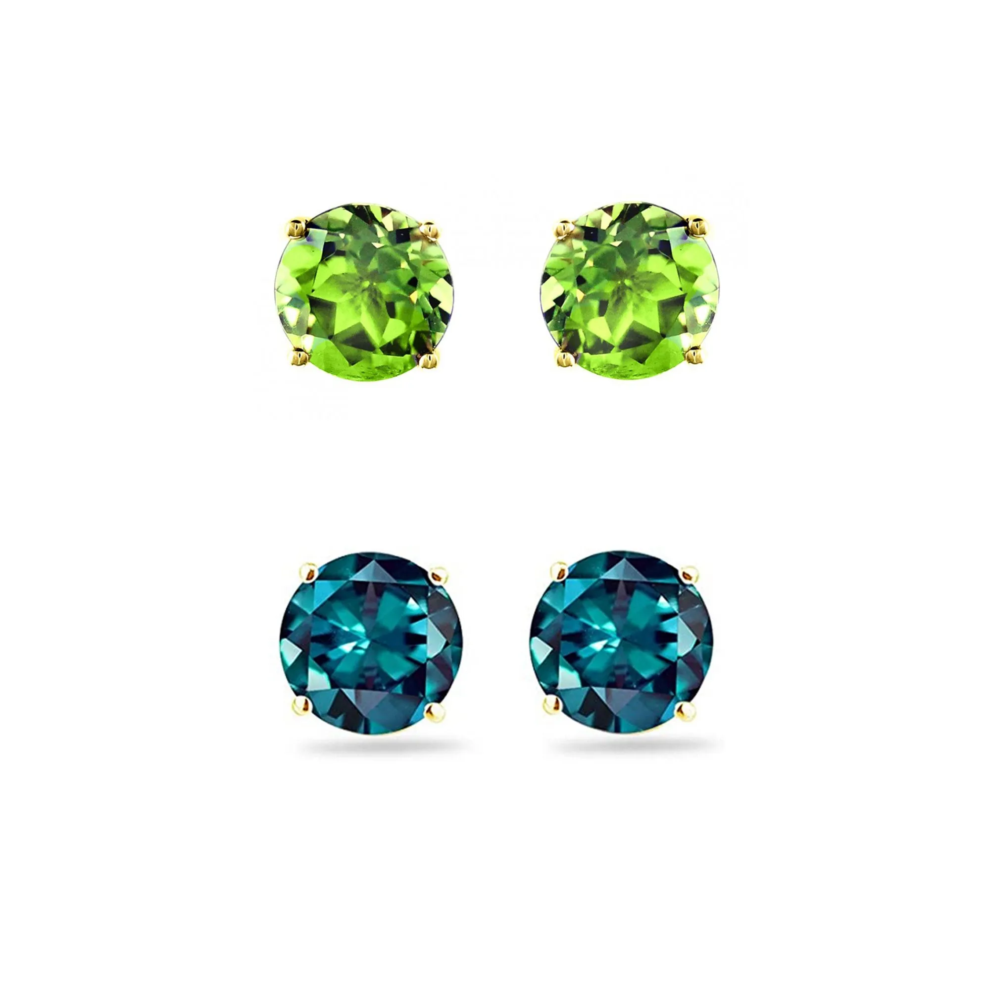 14k Yellow Gold Plated 1Ct Created Peridot and Alexandrite 2 Pair Round Stud Earrings