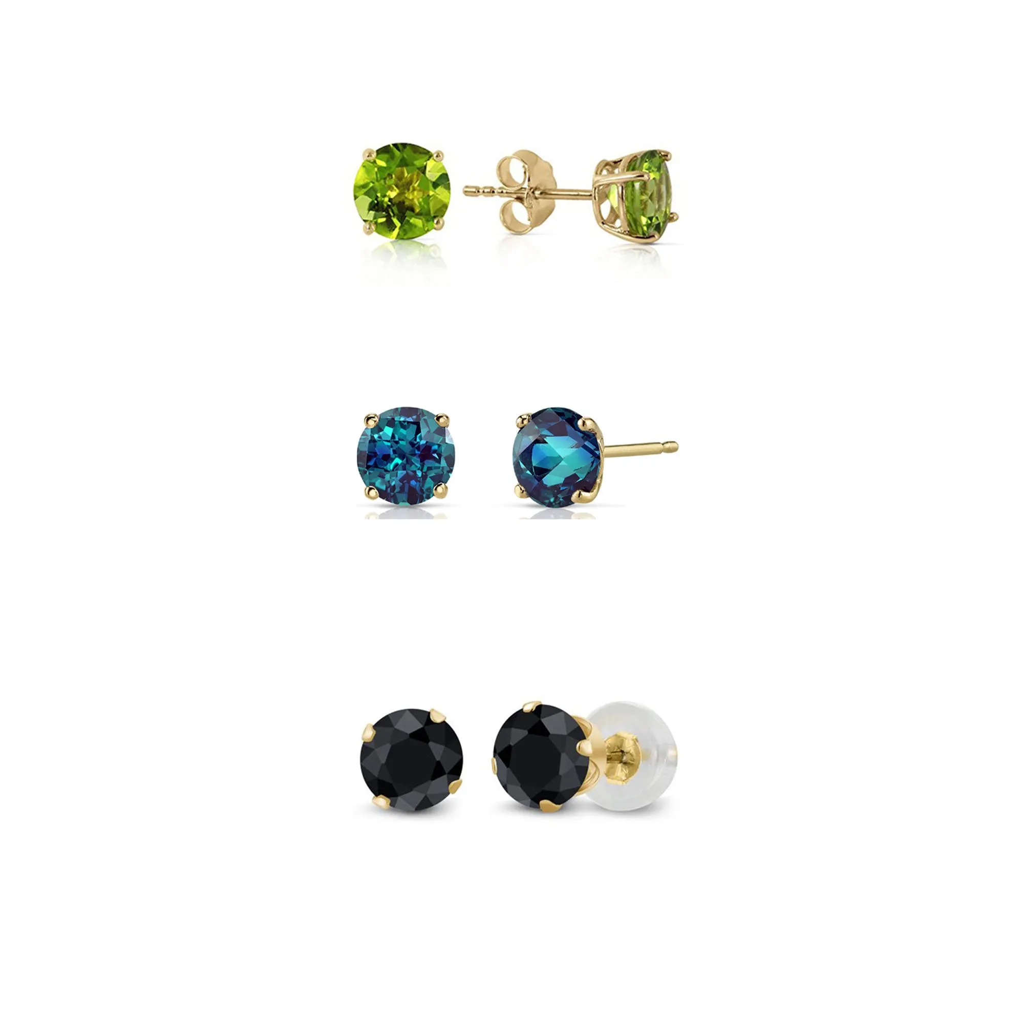 14k Yellow Gold Plated 2Ct Created Peridot, Alexandrite and Black Sapphire 3 Pair Round Stud Earrings