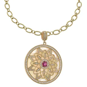 14KT Yellow Gold Mother of Pearl, Diamond and Ruby Disc Pendant