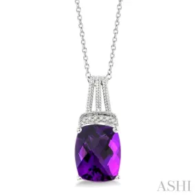 1/50 ctw Looped Round Cut Diamond & 10x8MM Cushion Cut Amethyst Semi Precious Pendant With Chain in Silver