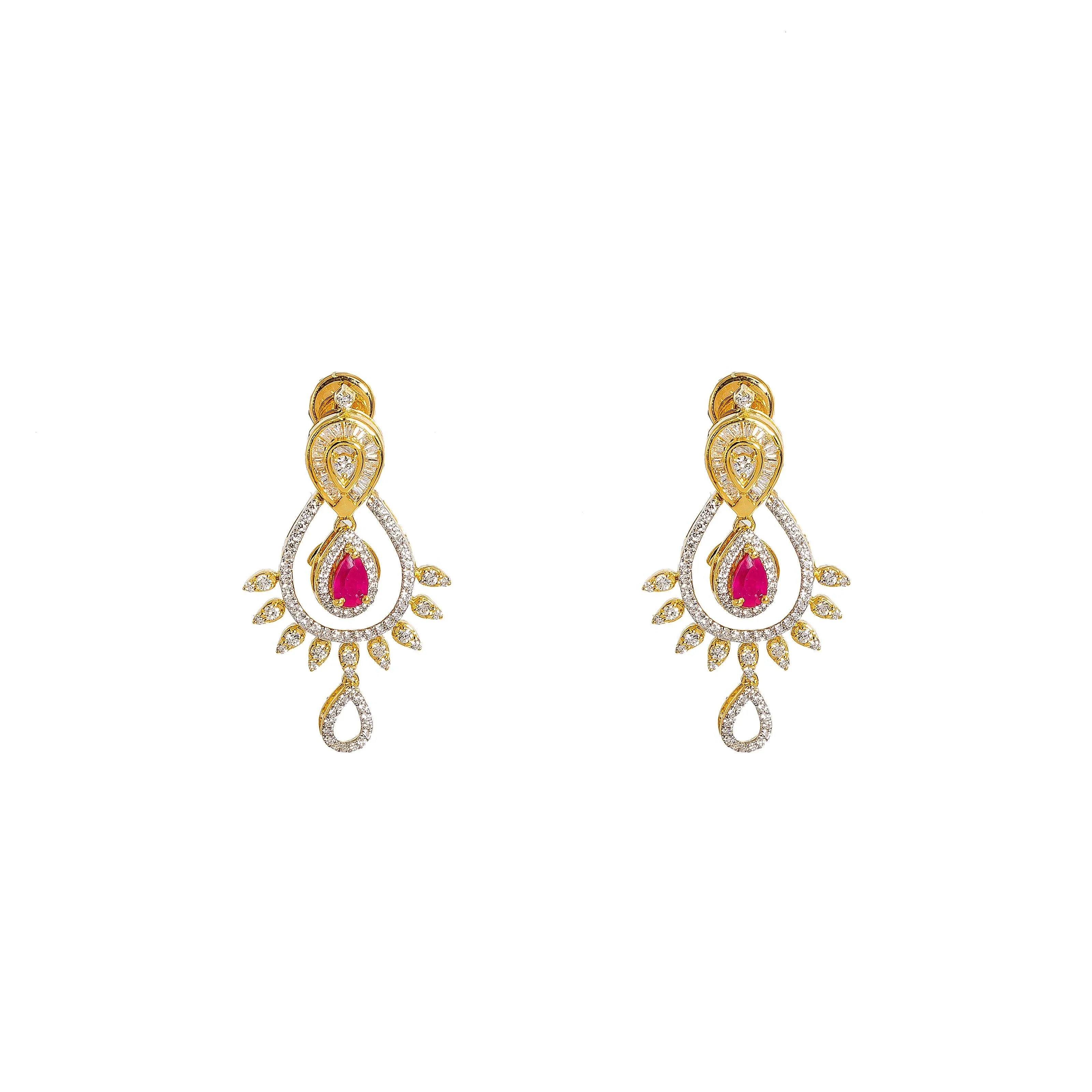 18K  Multi Tone Gold Diamond Necklace & Earrings Set W/ VVS Diamonds, Rubies, Emeralds & Faceted Pear Shape Details