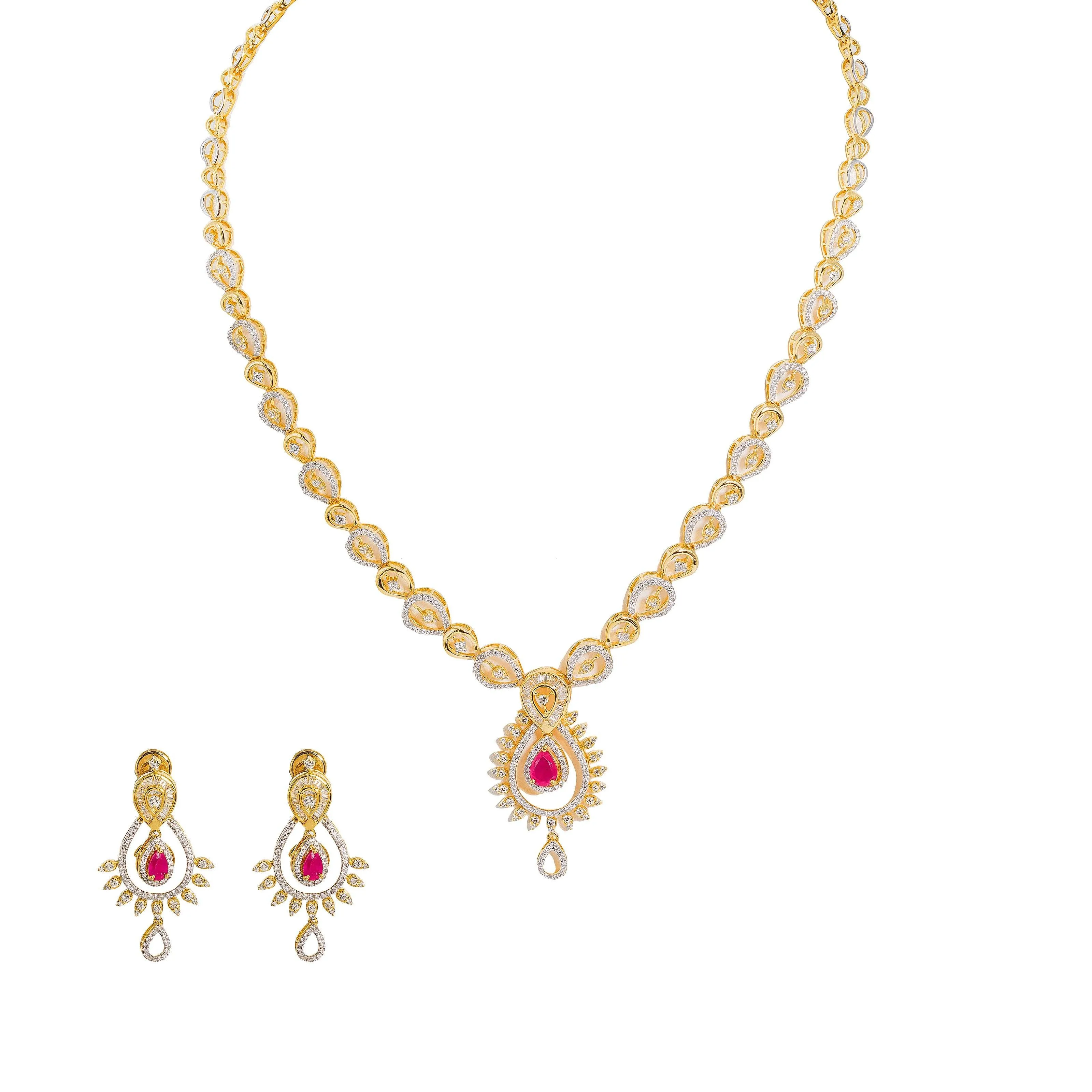 18K  Multi Tone Gold Diamond Necklace & Earrings Set W/ VVS Diamonds, Rubies, Emeralds & Faceted Pear Shape Details