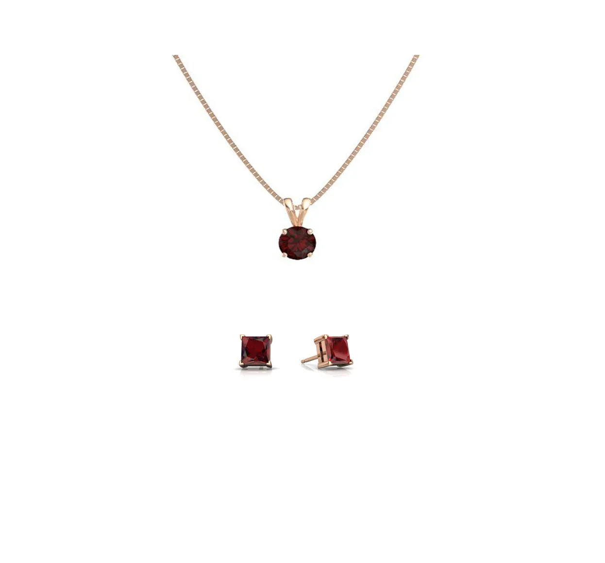 18K Rose Gold 4ct Garnet Round 18 Inch Necklace and Square Earrings Set Plated