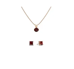 18K Rose Gold 4ct Garnet Round 18 Inch Necklace and Square Earrings Set Plated