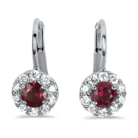 18k White Gold Pair of Ruby and Diamond Lever Back Earrings