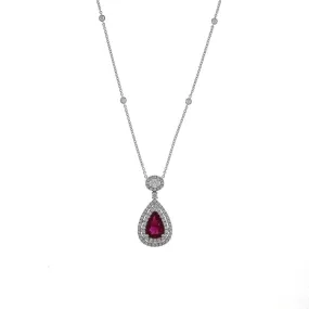 18K White Gold Pear Ruby with Double Diamond Halo Pendant Necklace