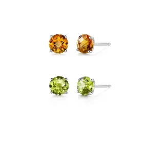 18k White Gold Plated 1/2Ct Created Citrine and Peridot 2 Pair Round Stud Earrings